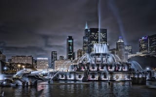 Картинка здания, Buckingham Fountain, Букингемский фонтан, дома, Чикаго, Иллинойс, небоскрёбы, фонтан, Illinois, ночной город, Chicago