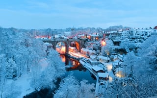 Картинка Нерсборо, снег, зима, дома, река, огни, Северный Йоркшир, Англия, пейзаж, мост