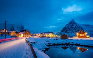 Картинка зима, огни, Норвегия, Lofoten, вечер