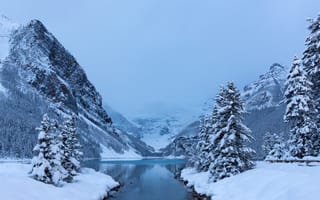 Обои Lake Louise, горы, снег, Альберта, Canada, Канадские Скалистые горы, ели, Banff National Park, зима, озеро Луиз, деревья, озеро, Национальный парк Банф, Alberta, Canadian Rockies, Канада