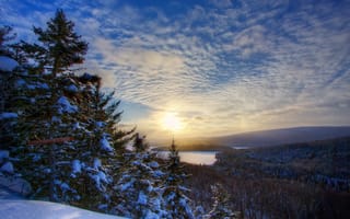 Картинка зима, пейзаж, природа, снег, рассвет, утро, Сакакоми, леса, Канада, ели, озеро