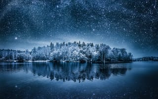 Картинка Winterland, отражение, деревья, ночь, звёзды, небо
