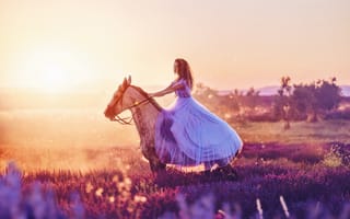 Картинка девушка, платье, конь, вереск, Кристина Макеева, лошадь