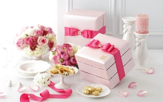 Картинка коробки, свеча, лента, букет, бант, розы, печенье, лепестки, декор, цветы, розовый