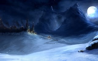 Картинка снег, луна, замок, горы, ночь, огни
