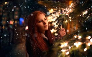 Картинка девушка, огни, снег, ёлка