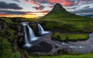 Картинка водопад, вулкан, горы, вид, Исландия, берег