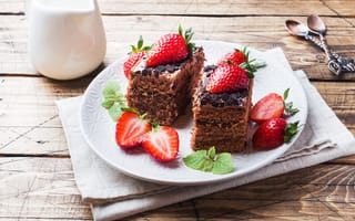 Картинка клубника, тарелка, кусочек, десерт, пирожное