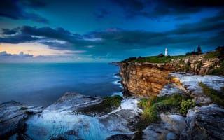 Картинка маяк, Сидней, обрыв, Австралия, тучи, скалы, океан