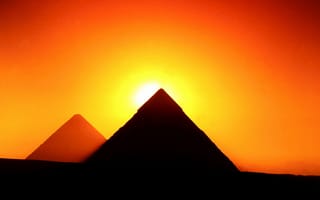 Картинка Египет, закат, солнце, зарево, пирамиды, силуэт, Гиза