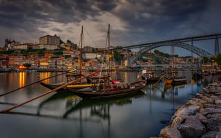 Картинка мост, Vila Nova de Gaia, Portugal, река, Douro River, Вила-Нова-ди-Гая, Понти-ди-Дон-Луиш I, лодки, дома, Португалия, река Дуэро, Dom Luís I Bridge, Porto, Порту