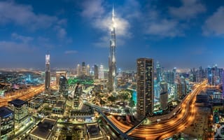 Картинка здания, Бурдж-Халифа, ОАЭ, небоскрёбы, Burj Khalifa, Дубай, дороги, Dubai, ночной город, дома, панорама, UAE
