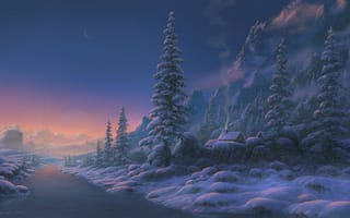 Картинка арт, горы, зима, вечер, река, снег, закат, Fel-X, дома