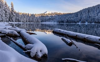 Картинка лес, небо, озеро, снег, горы, берег, свет, отражение