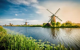 Картинка канал, Роттердам, Нидерланды, ветряная мельница