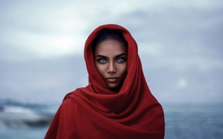 Картинка red, face, looking at camera, blue eyes, brunette, bokeh, Model, scarf, ebony, lips, depth of field, girl, mouth, lipstick, portrait, photo
