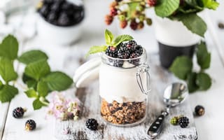 Картинка гранола, банка, йогурт, ежевика, Karina Klachuk, ягоды, завтрак