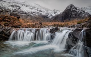 Картинка осень, горы, водопад, камни
