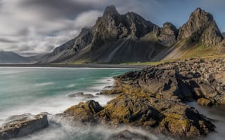 Картинка море, горы, берег, скалы, вершины