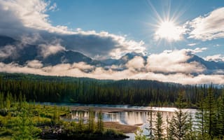 Картинка лес, солнце, водоем, горы, свет, вид