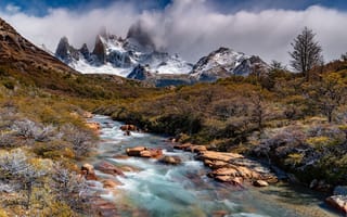 Картинка осень, небо, камни, река, горы, ручей, облака, снег