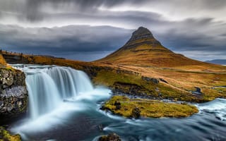 Картинка осень, облака, камни, вид, вершины, река, берег, горы