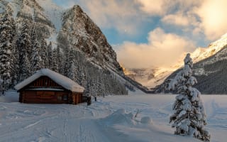 Картинка зима, снег, горы, домик