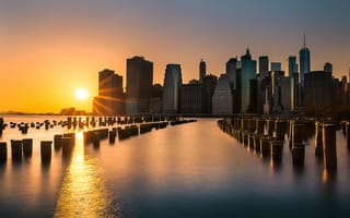 Картинка закат, Ист-Ривер, Нью-Йорк, небоскрёбы, Манхэттен, East River, Manhattan, здания, New York City