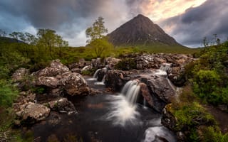 Картинка деревья, горы, водопад, камни
