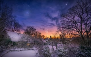 Картинка зима, утро, пейзаж, природа, снег, рассвет, деревья, дома