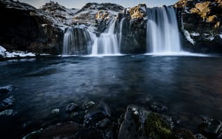 Картинка зима, снег, водоем, водопад, Исландия, горы, скалы