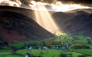 Картинка Озёрный край, лучи, тучи, Англия, долина, горы, свет