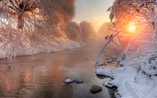Картинка природа, рассвет, зима, пейзаж, Снежное, река, деревья