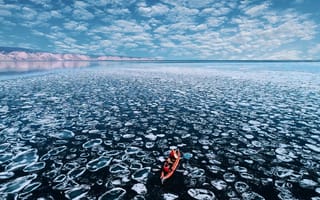 Картинка лед, зима, горы, небо, голубой, озеро, облака, снег