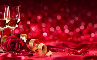 Картинка День Святого Валентина, шампанское, лента, бокалы, бутоны, розы, лепестки, вино, тесьма