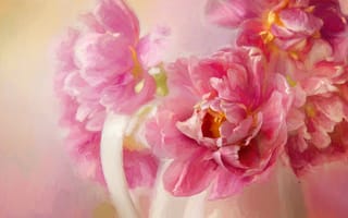 Картинка розовые, кувшин, мазки, пионы