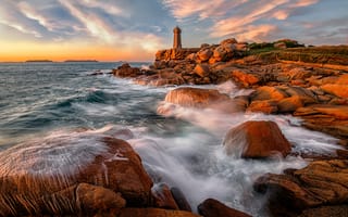 Картинка камни, побережье, маяк, Бретань, Ploumanach, Франция
