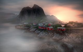 Картинка небо, свет, красный, туман, скалы, рассвет, камни, горы