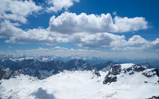 Картинка зима, небо, свет, скалы, горы, синева, снег, облака