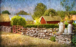 Картинка деревья, забор, домик, деревня, живопись, арт, каменный, ворота