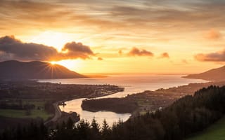Картинка лес, закат, река, рассвет, водоем