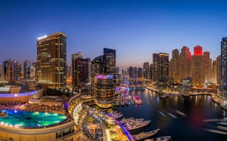 Картинка здания, ночной город, панорама, бассейн, Дубай Марина, яхты, небоскрёбы, UAE, Дубай, Dubai, ОАЭ, бухта, залив, Dubai Marina
