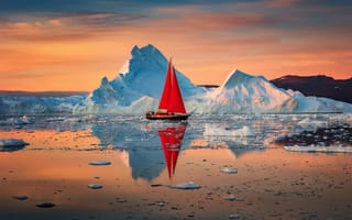 Картинка пейзаж, паруса, океан, Гренландия, рассвет, отражение, парусник, лодка, природа, льды