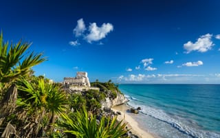 Картинка небо, облака, побережье, Quintana Roo, Tulum, Мексика, пальмы