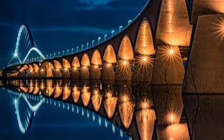 Картинка ночь, отражение, Неймеген, De Oversteek Bridge, Waal River, Nijmegen, Нидерланды, The Netherlands, Река Ваал, мост, река