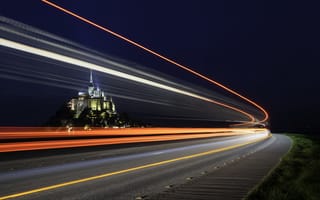 Картинка дорога, огни, France, ночь, Le Mont-Saint-Michel