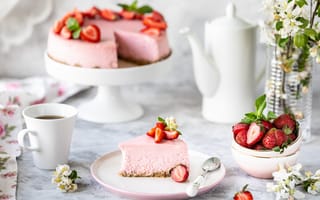 Картинка ягоды, чай, чашка, Karina Klachuk, клубника, чизкейк, торт