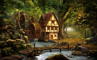 Картинка деревья, речка, природа, мостик, сказочный лес, камни, лесной домик, водяная мельница, рендеринг