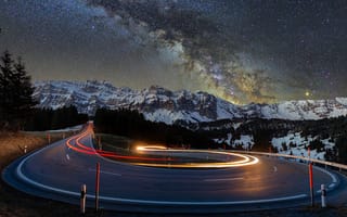 Картинка lights, mountains, turns, snow, 4k ultra hd, night, landscapes, starry, blur effect, asphalt, nature, road, snow-covered, "Time-Lapse Photography", starry night, trees