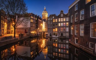 Обои отражение, De Wallen, здания, набережная, канал, Нидерланды, ночной город, Netherlands, Amsterdam, Де Валлен, Амстердам, дома